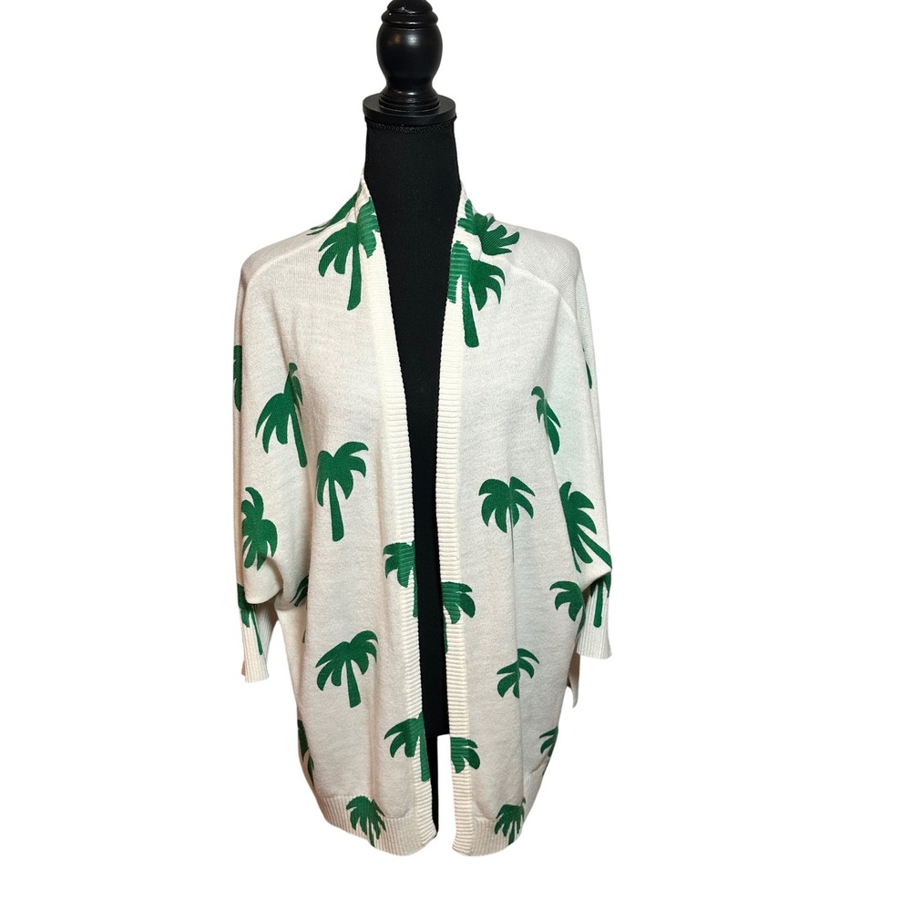 Mud Pie Womens Palm Tree Open Front Cardigan Green White Tropical One Size OS